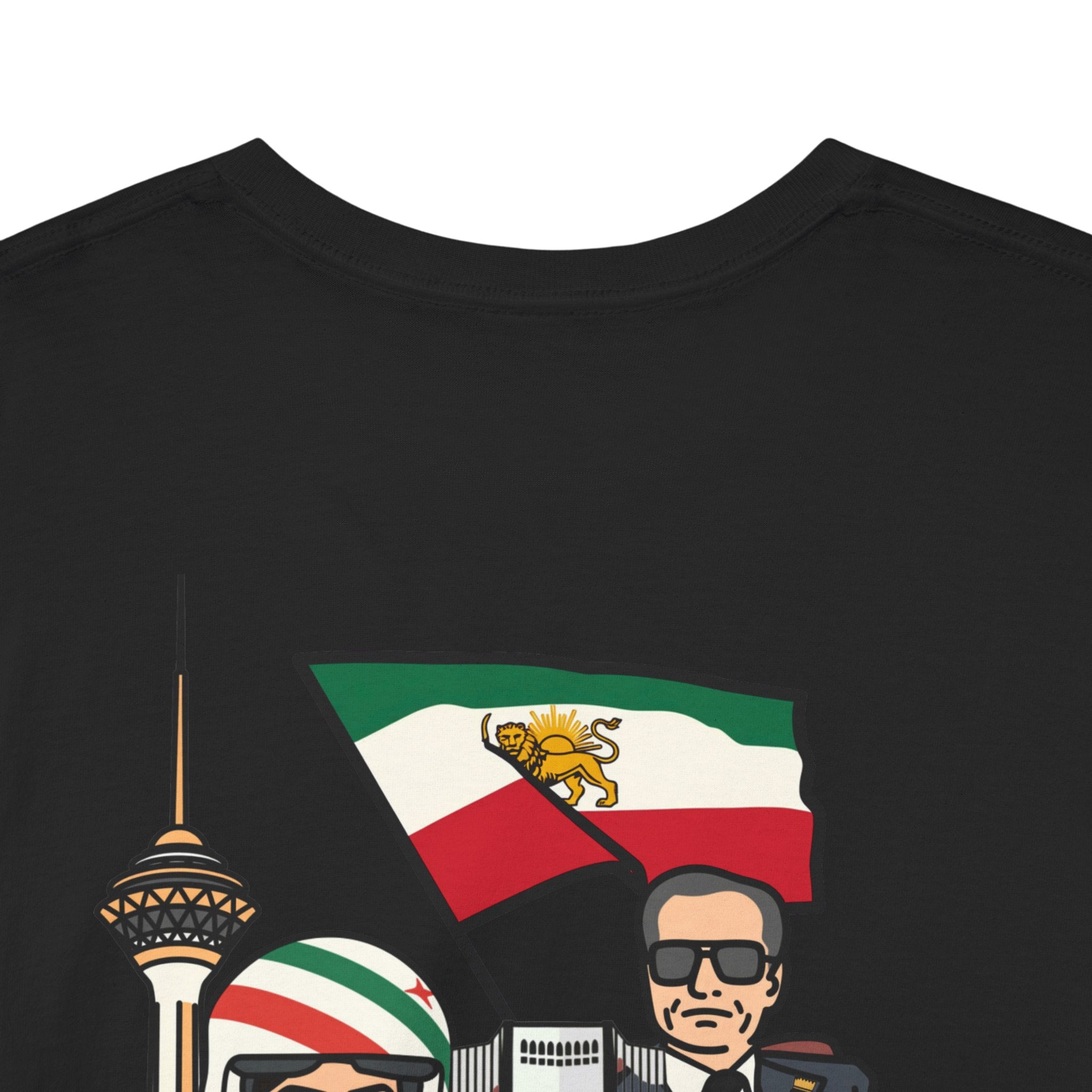 Iran Cute Chibi Style Collage Graphic Tee — Shah, Prince Reza Pahlavi & Iran Landmarks Travel T-Shirt