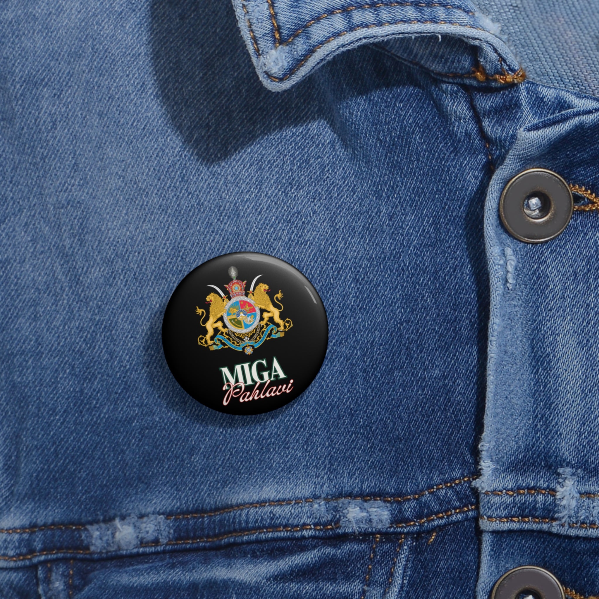 'MIGA Pahlavi' Crest Pin Button — Vintage Royal Emblem Jacket Badge