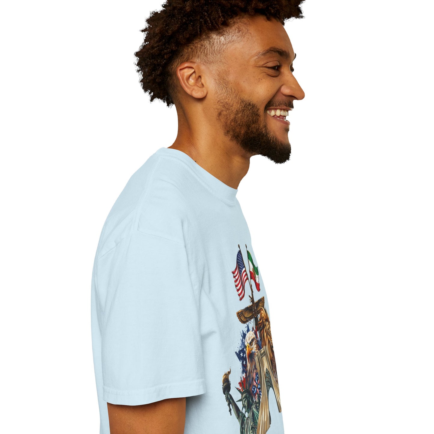 USA & Persia Collab T-Shirt - Cyrus the Great, Faravahar & Statue of Liberty Tee