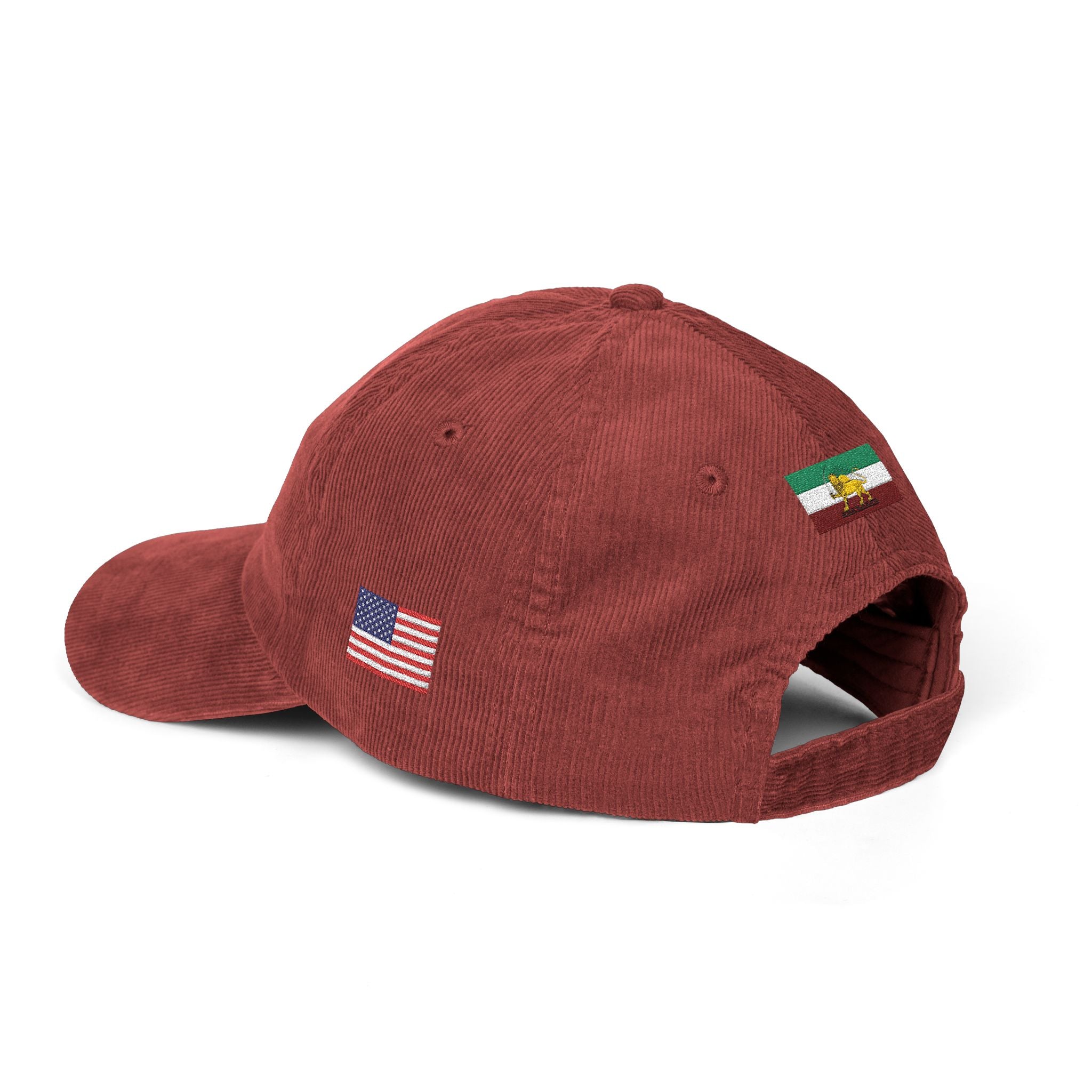 Vintage Corduroy Cap — Embroidered 'JAVIDSHAH.' Front with Retro Iranian Flag Patch
