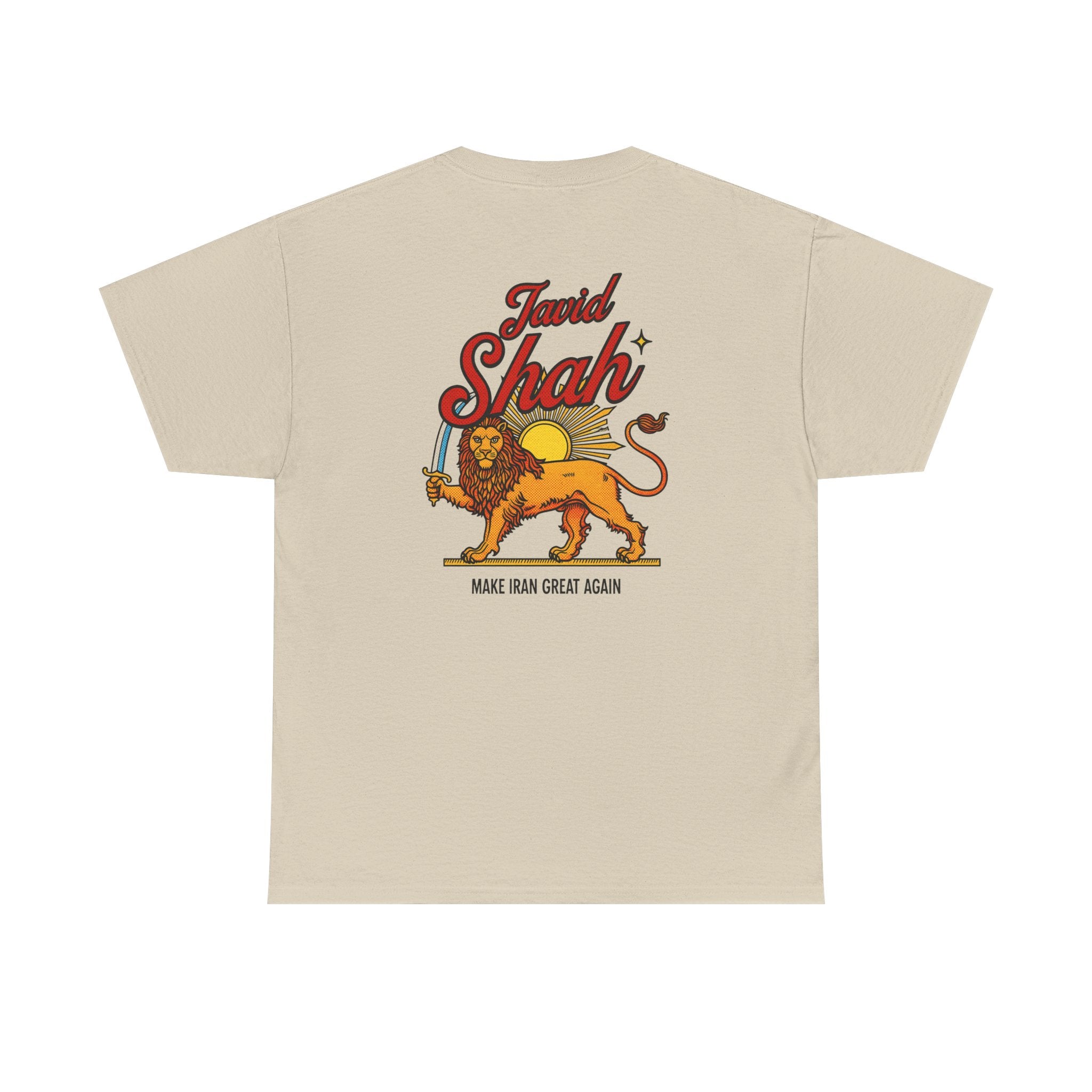 Pop Art "JAVIDSHAH" T-Shirt — Back "Javid Shah" with Lion & Sun, "MAKE IRAN GREAT AGAIN"
