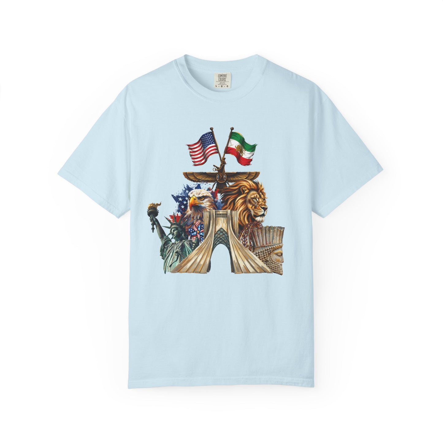 USA & Persia Collab T-Shirt - Cyrus the Great, Faravahar & Statue of Liberty Tee