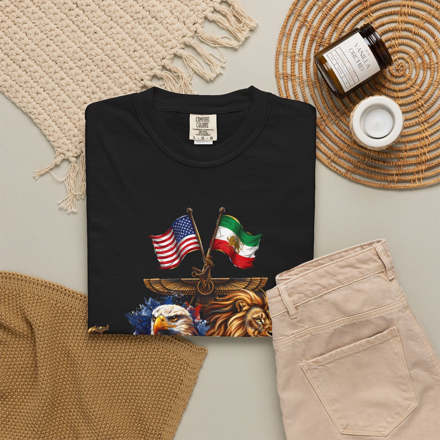 USA & Persia Collab T-Shirt - Cyrus the Great, Faravahar & Statue of Liberty Tee