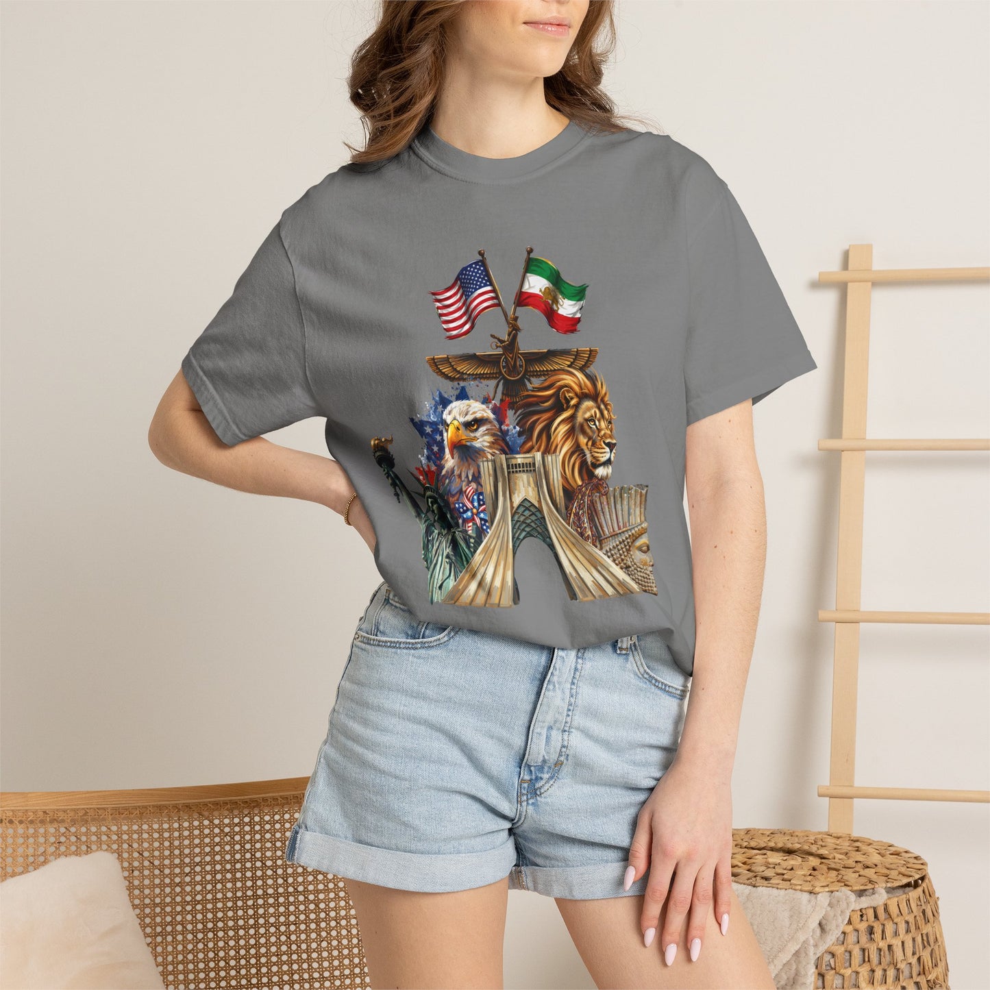 USA & Persia Collab T-Shirt - Cyrus the Great, Faravahar & Statue of Liberty Tee