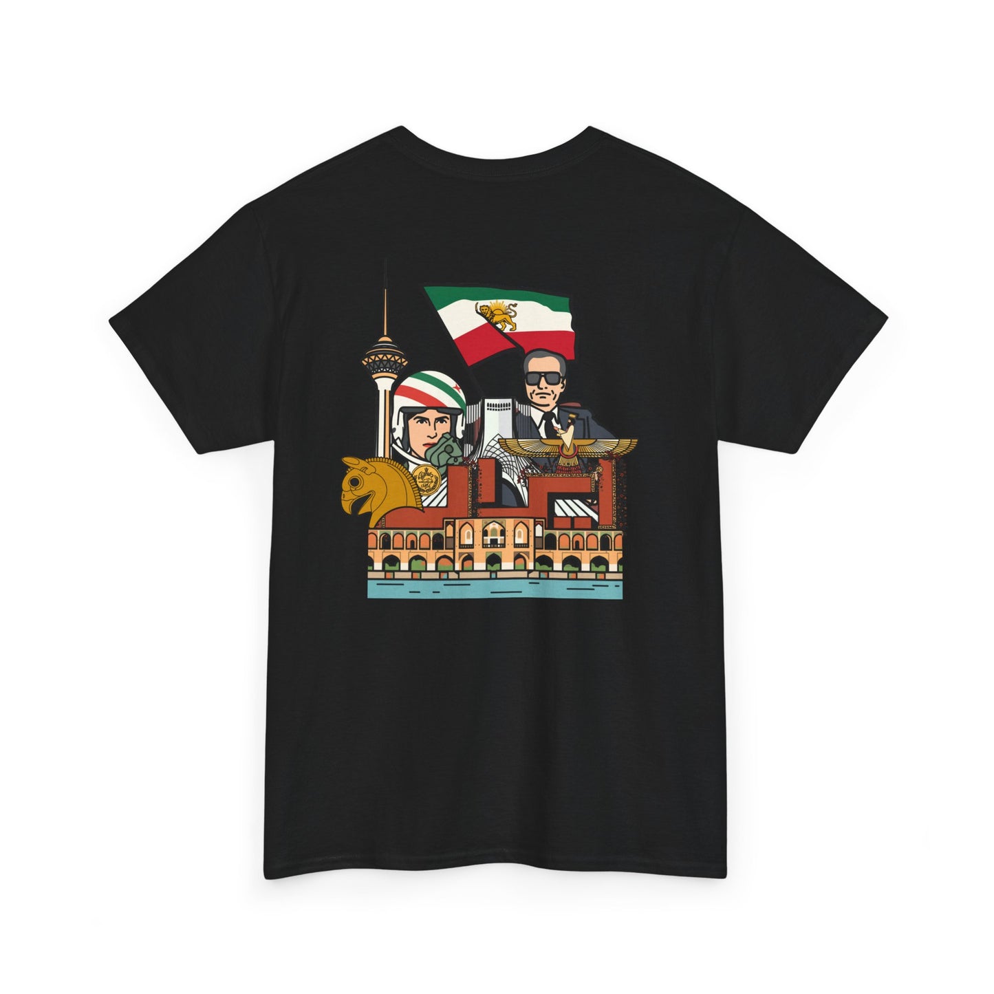 Iran Cute Chibi Style Collage Graphic Tee — Shah, Prince Reza Pahlavi & Iran Landmarks Travel T-Shirt