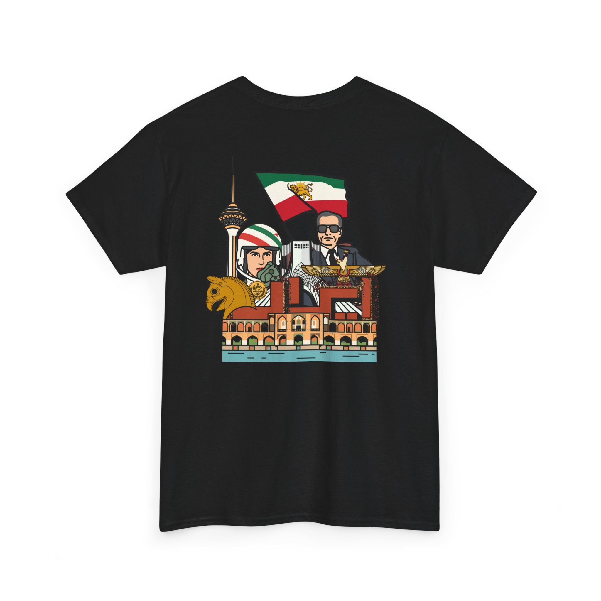 Iran Cute Chibi Style Collage Graphic Tee — Shah, Prince Reza Pahlavi & Iran Landmarks Travel T-Shirt