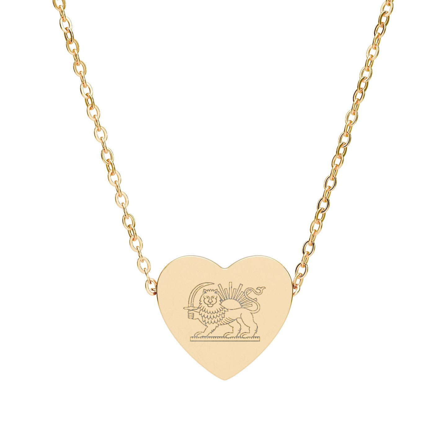 Engraved Lion and Sun Heart Necklace — Iran Monarchy Pendant (Silver & Rose Gold)