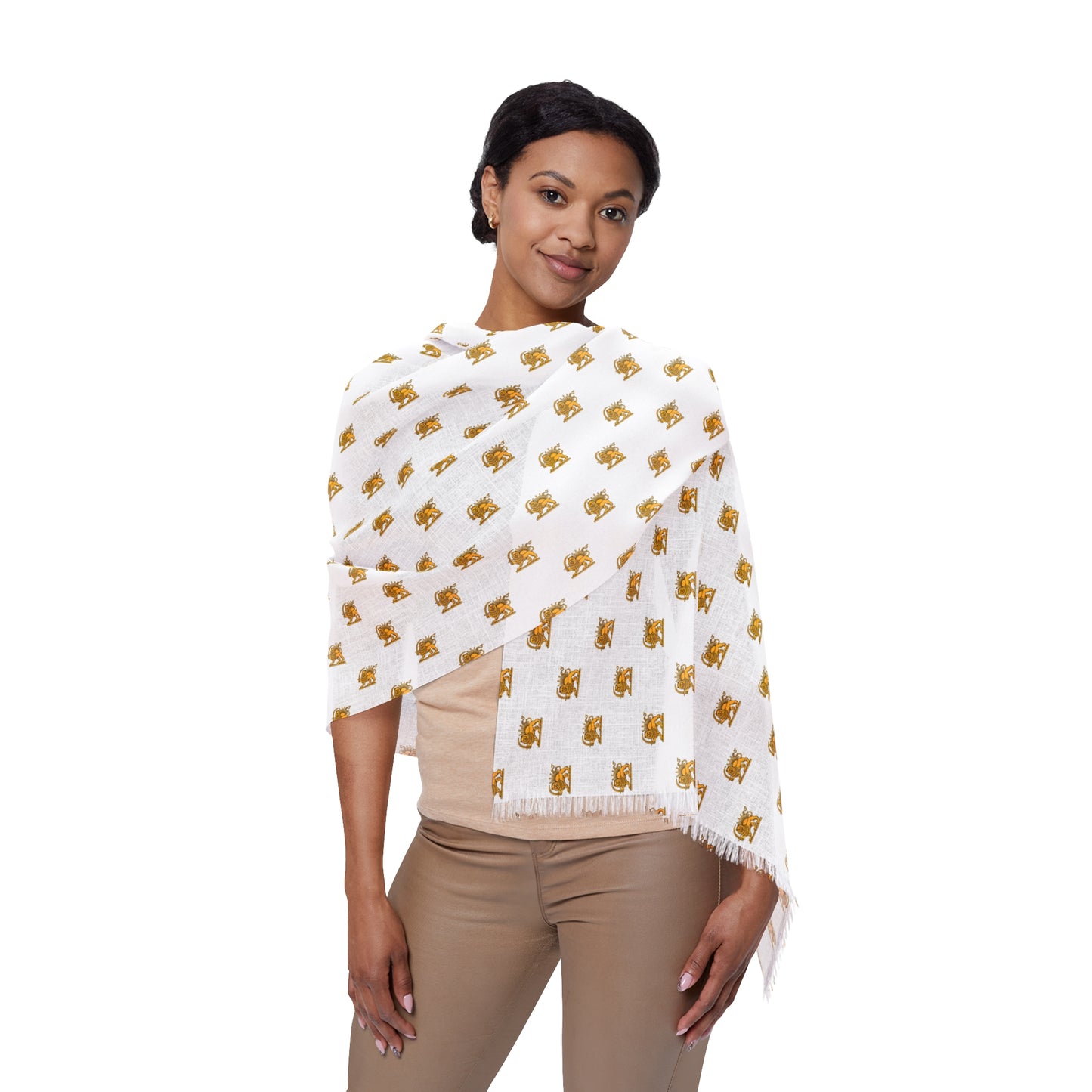 Gold Lion and Sun Lightweight White Scarf — Elegant Iranian Monarchy Scarf
