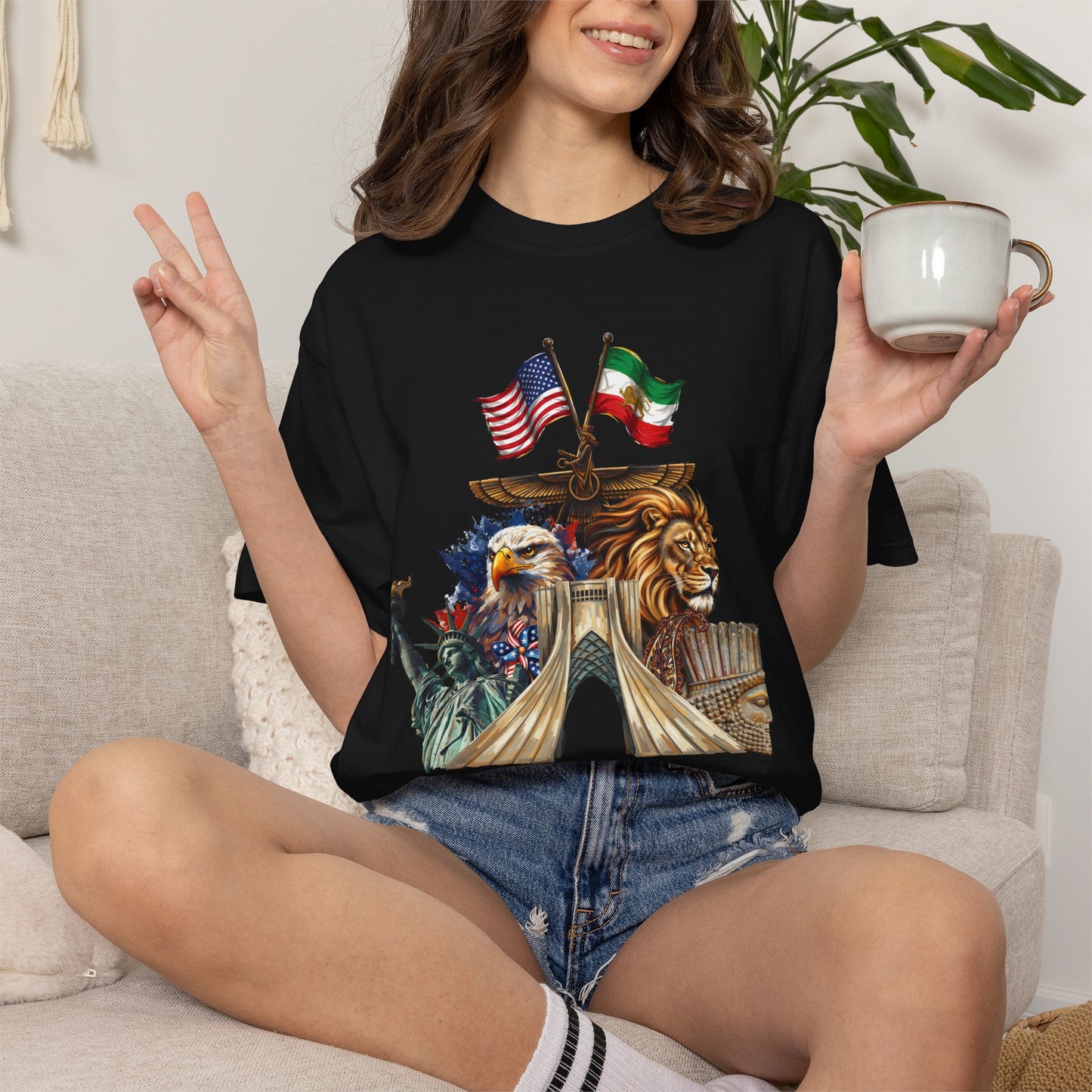 USA & Persia Collab T-Shirt - Cyrus the Great, Faravahar & Statue of Liberty Tee