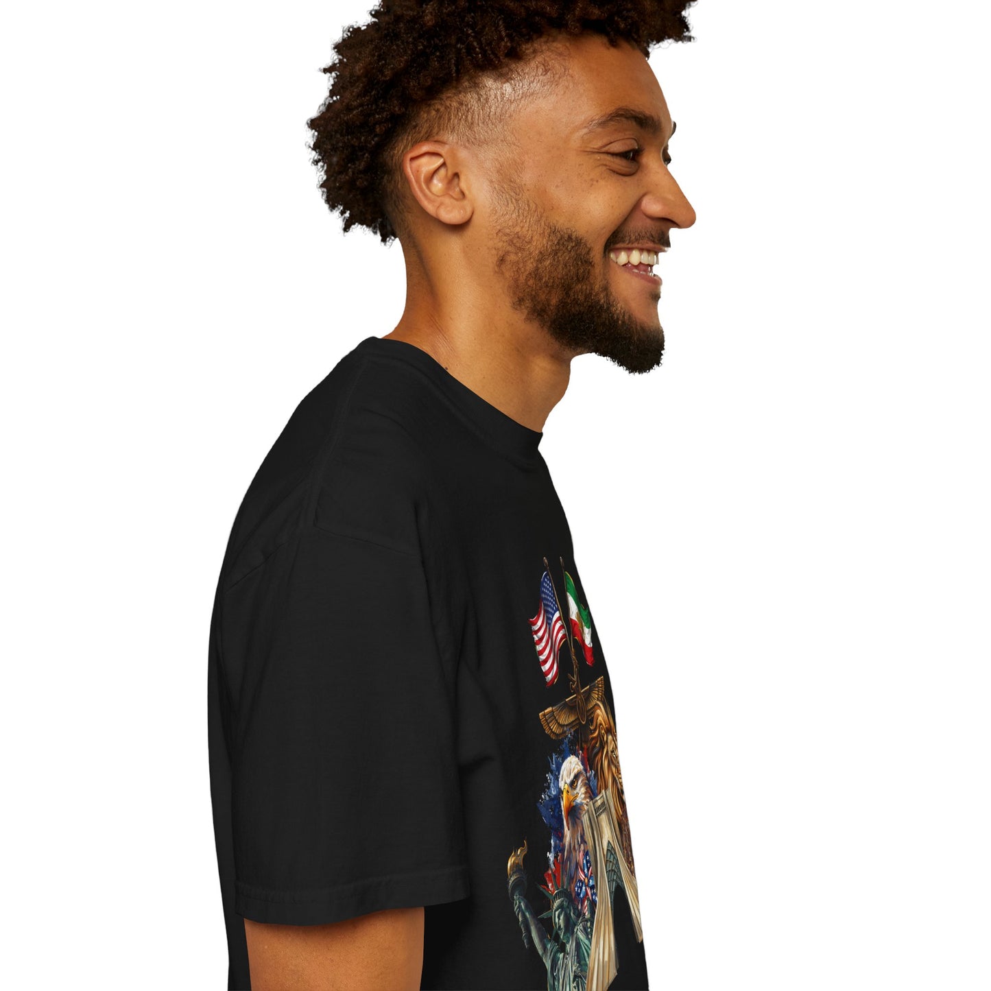USA & Persia Collab T-Shirt - Cyrus the Great, Faravahar & Statue of Liberty Tee
