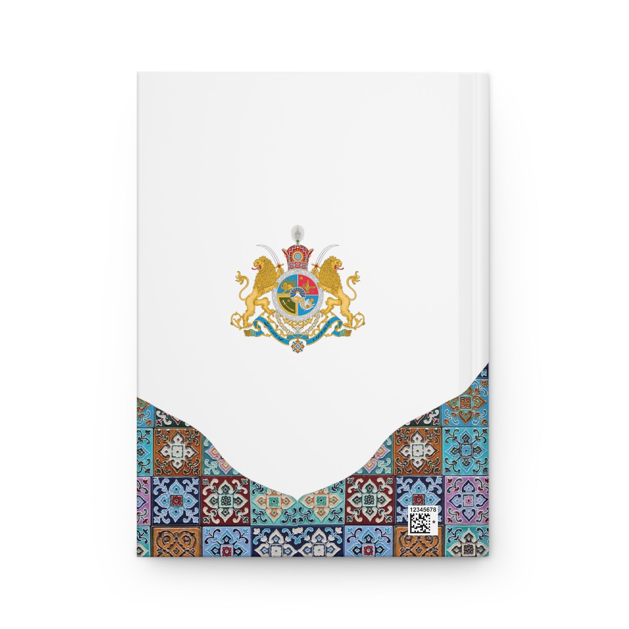 Iran Monarchy Crest with Lion & Sun Crest Hardcover Journal — Decorative Persian Tile Pattern Notebook