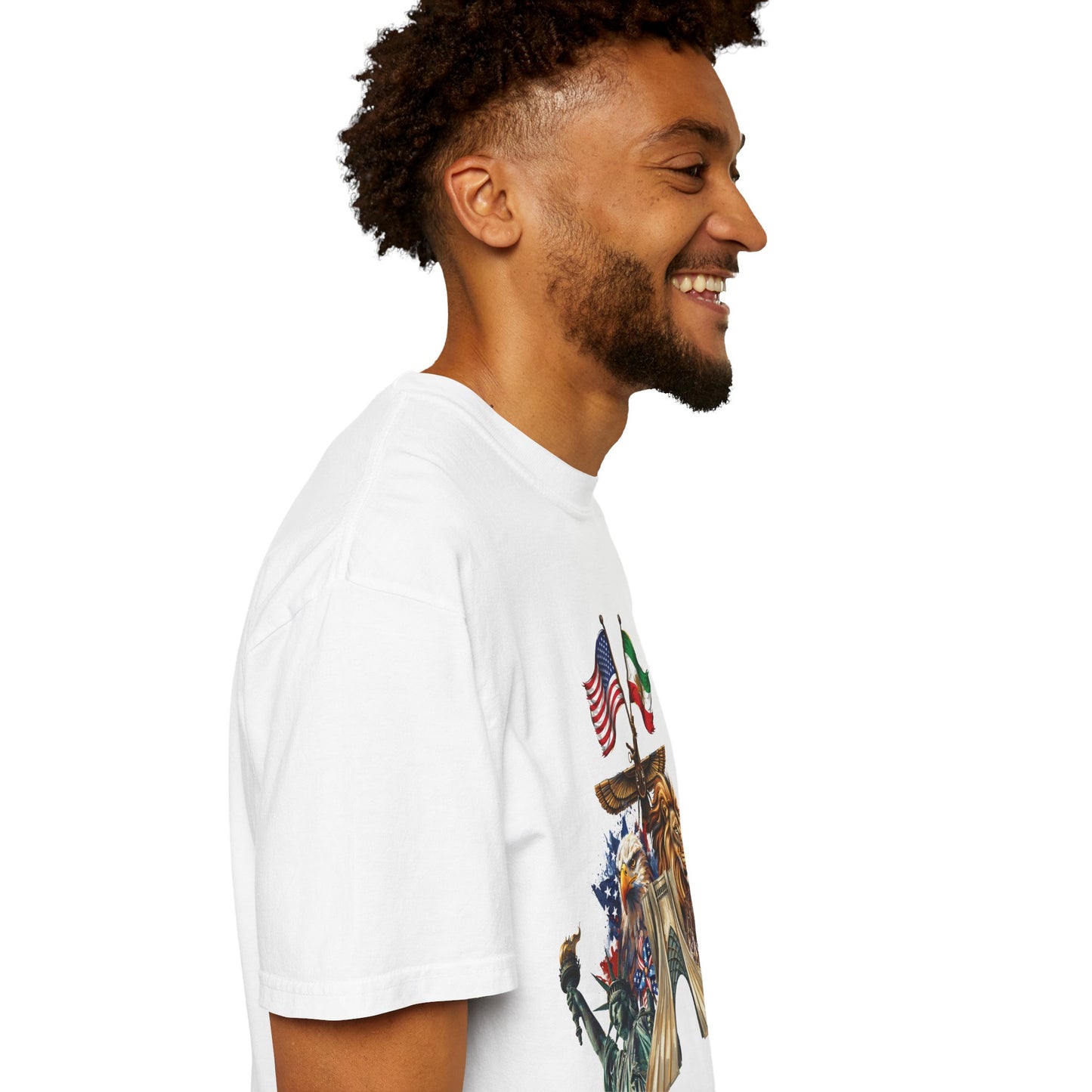 USA & Persia Collab T-Shirt - Cyrus the Great, Faravahar & Statue of Liberty Tee