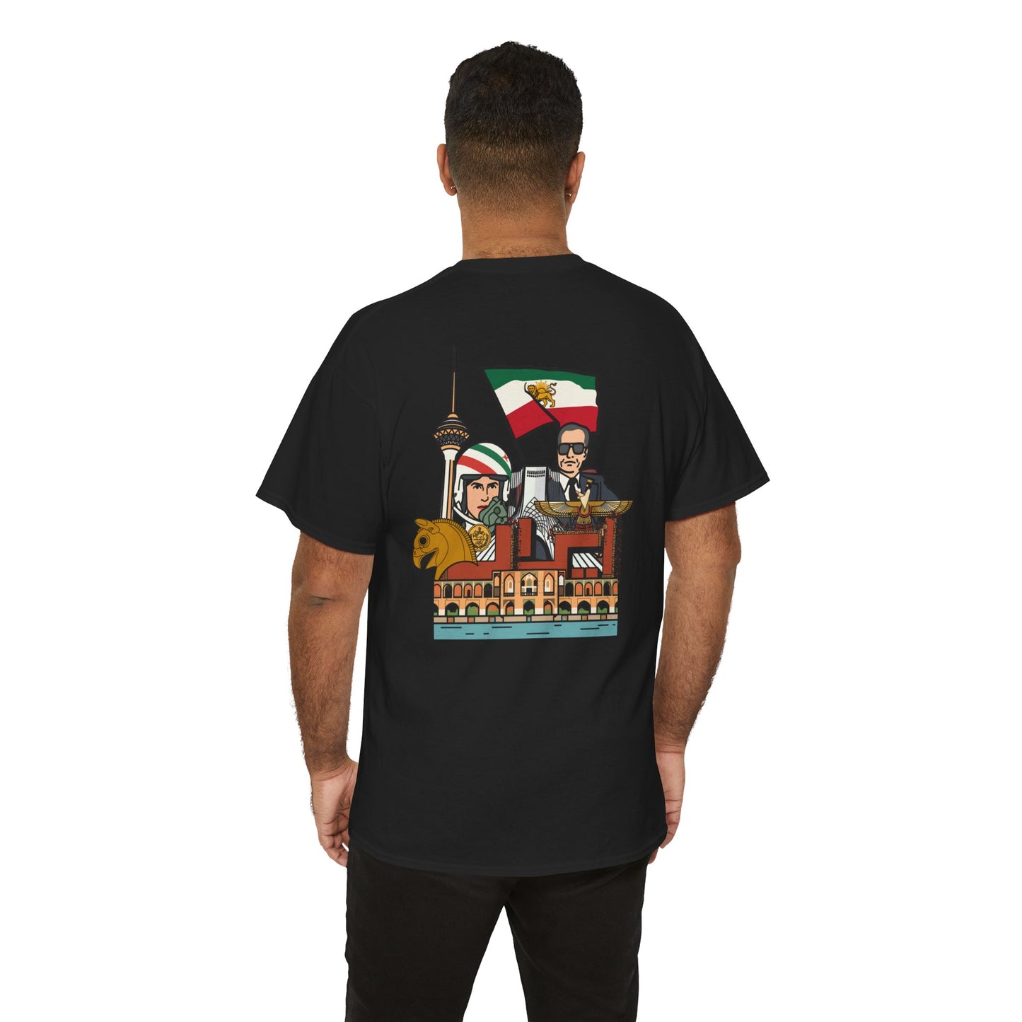 Iran Cute Chibi Style Collage Graphic Tee — Shah, Prince Reza Pahlavi & Iran Landmarks Travel T-Shirt