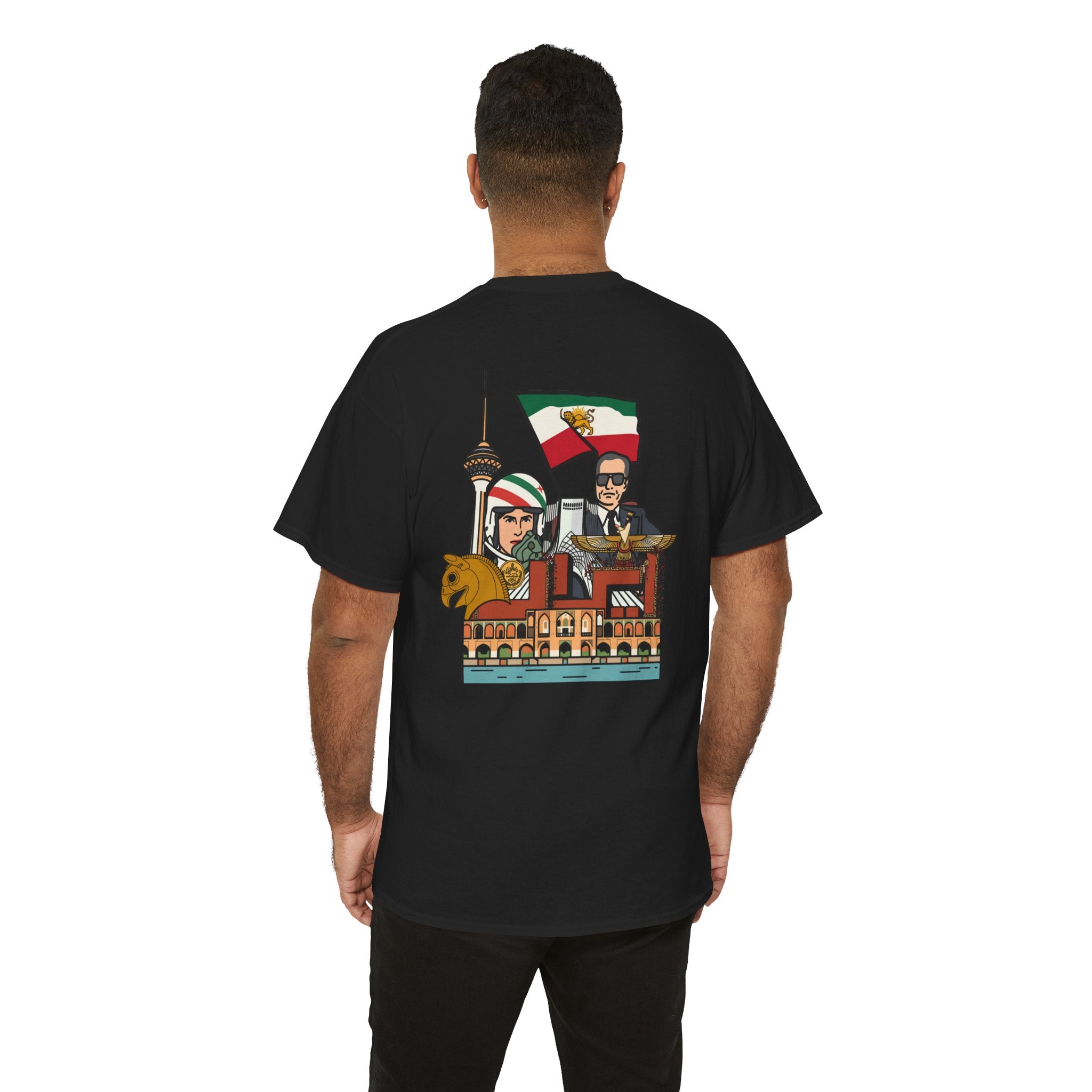 Iran Cute Chibi Style Collage Graphic Tee — Shah, Prince Reza Pahlavi & Iran Landmarks Travel T-Shirt