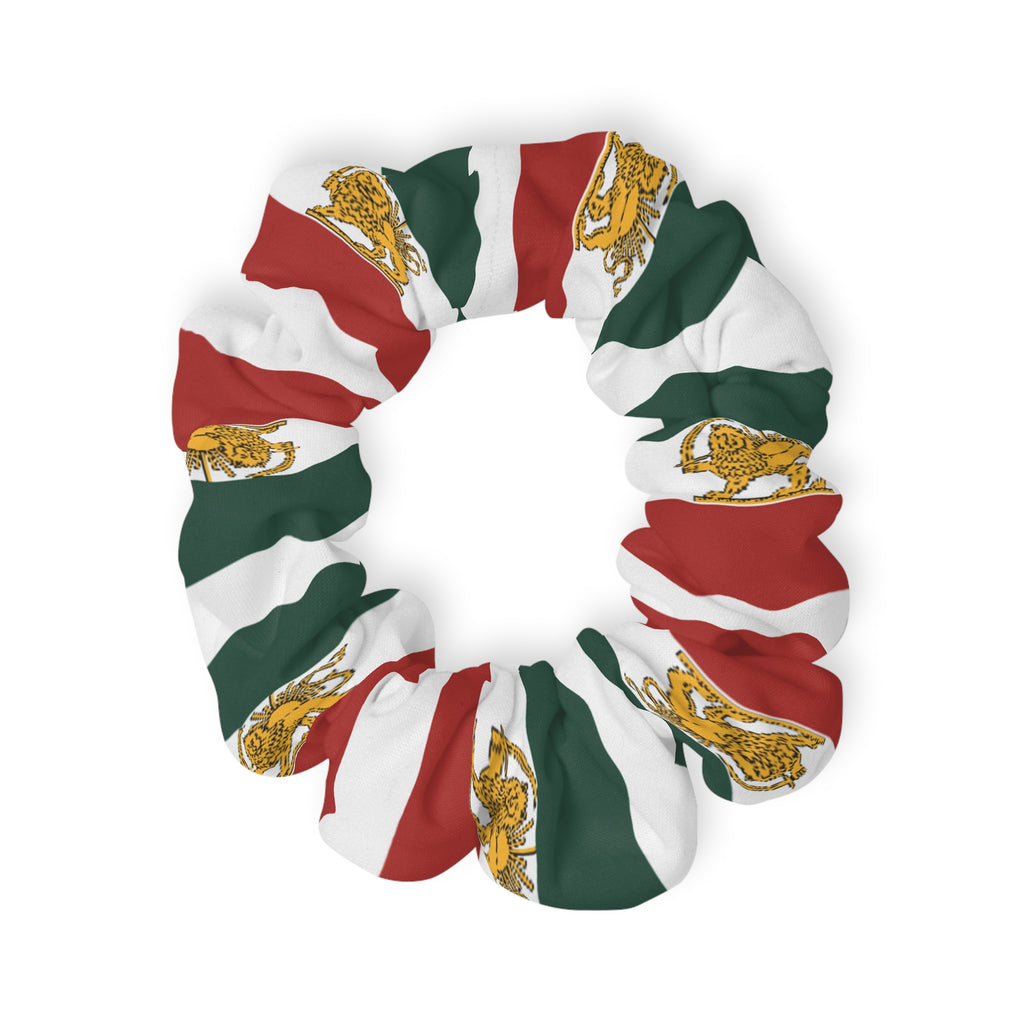 Iran Monarchy Flag Pattern Scrunchie — Green, White & Red with the Sun and Lion Patriotic Hair Tie