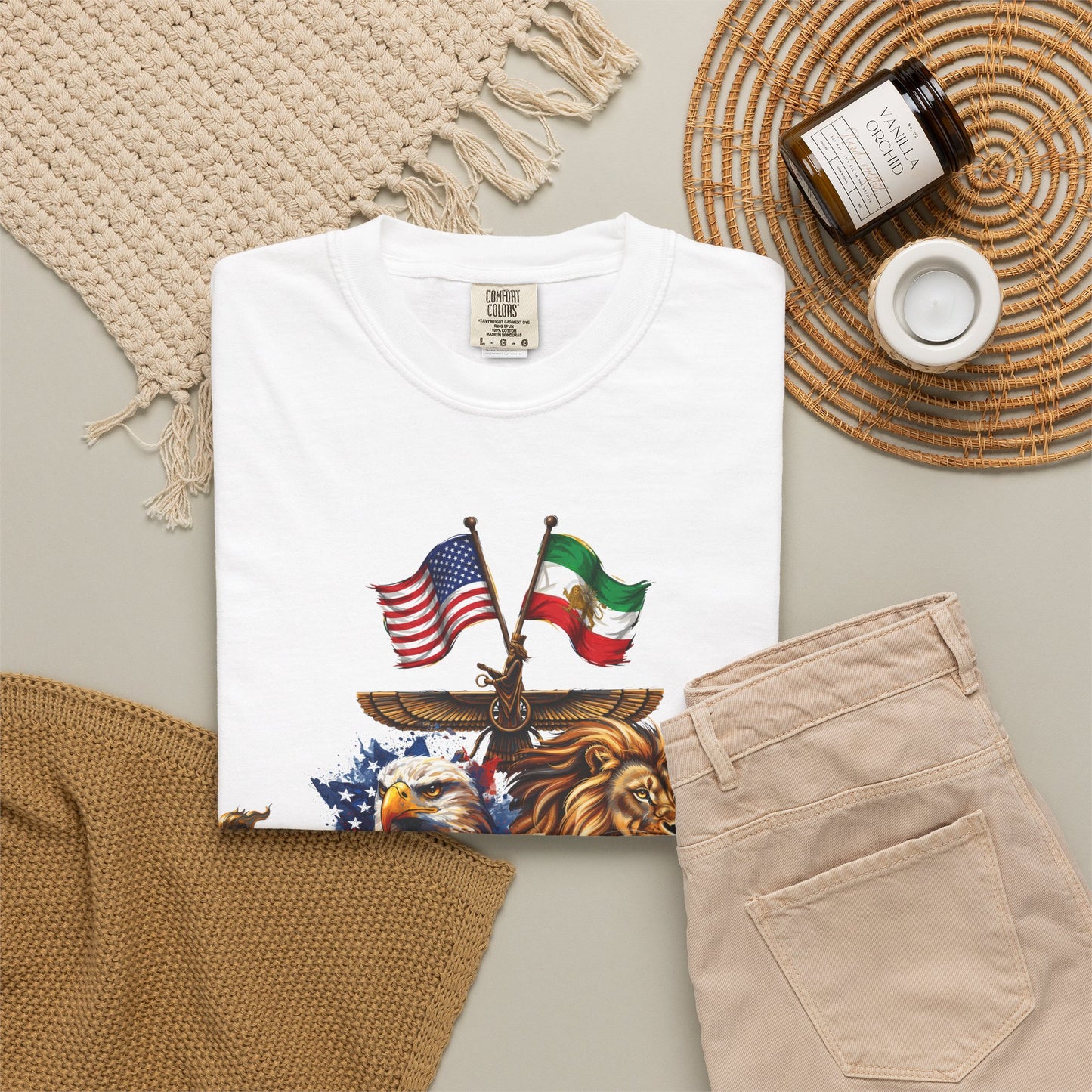 USA & Persia Collab T-Shirt - Cyrus the Great, Faravahar & Statue of Liberty Tee