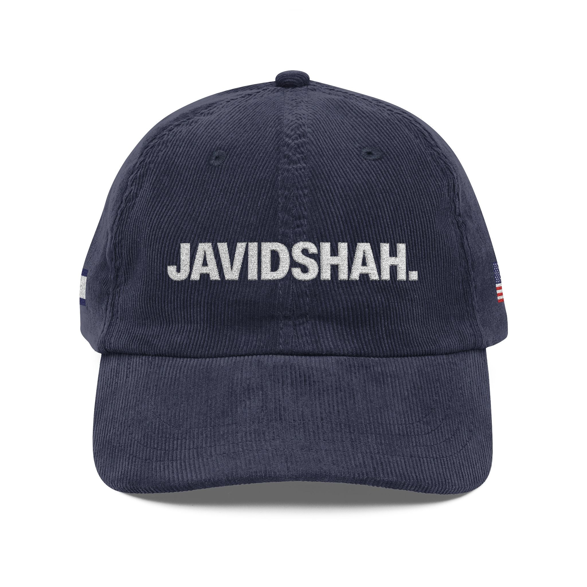 Vintage Corduroy Cap — Embroidered 'JAVIDSHAH.' Front with Retro Iranian Flag Patch