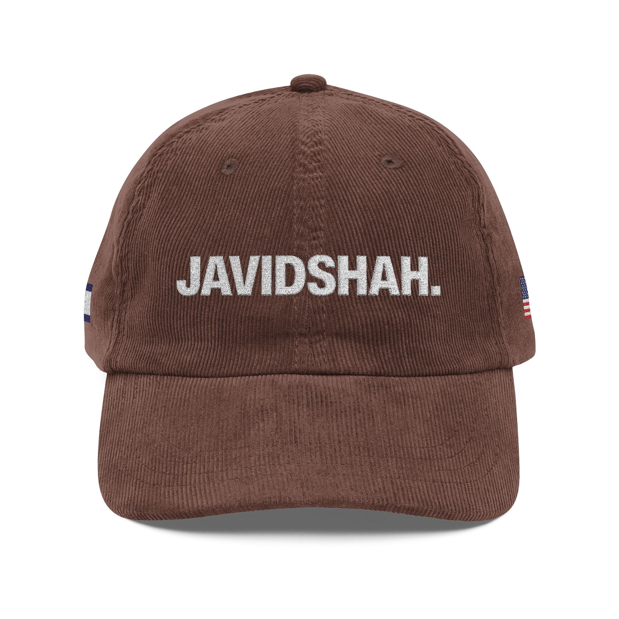 Vintage Corduroy Cap — Embroidered 'JAVIDSHAH.' Front with Retro Iranian Flag Patch