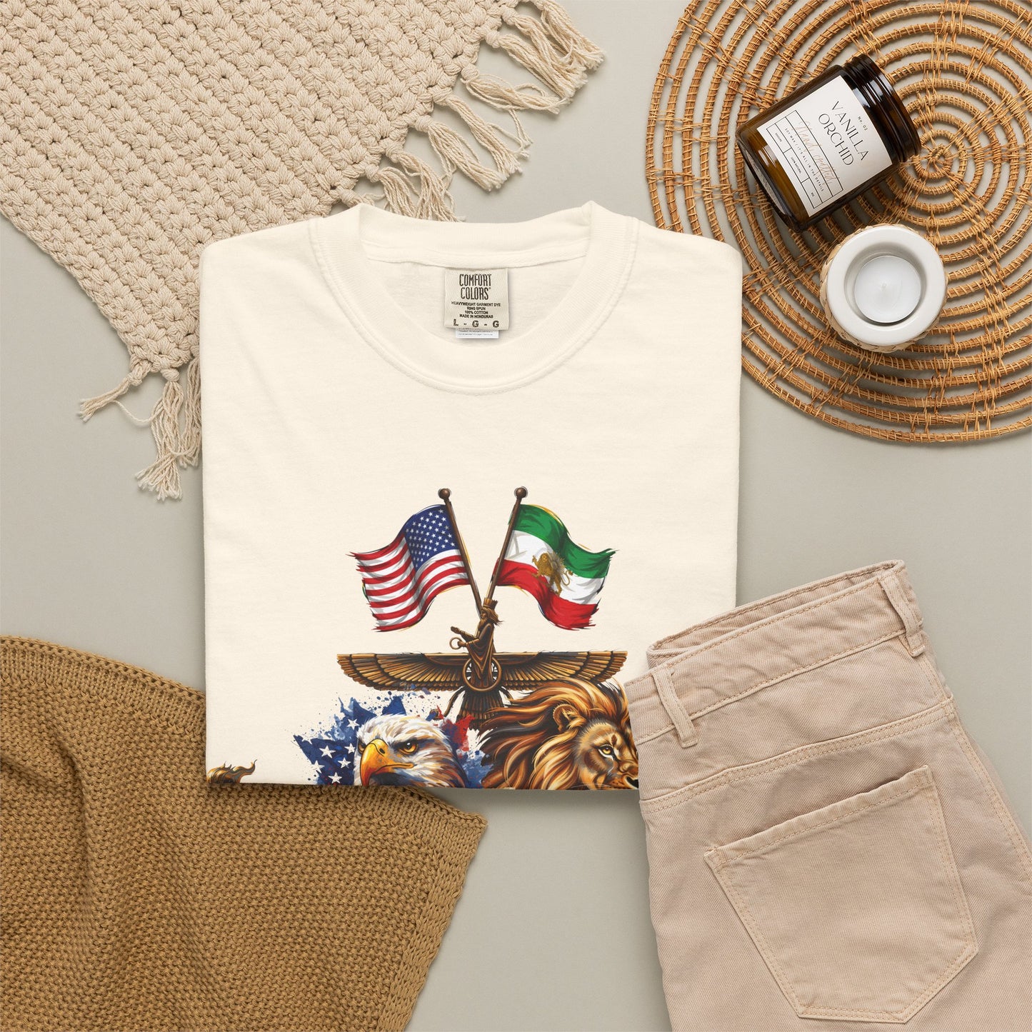 USA & Persia Collab T-Shirt - Cyrus the Great, Faravahar & Statue of Liberty Tee