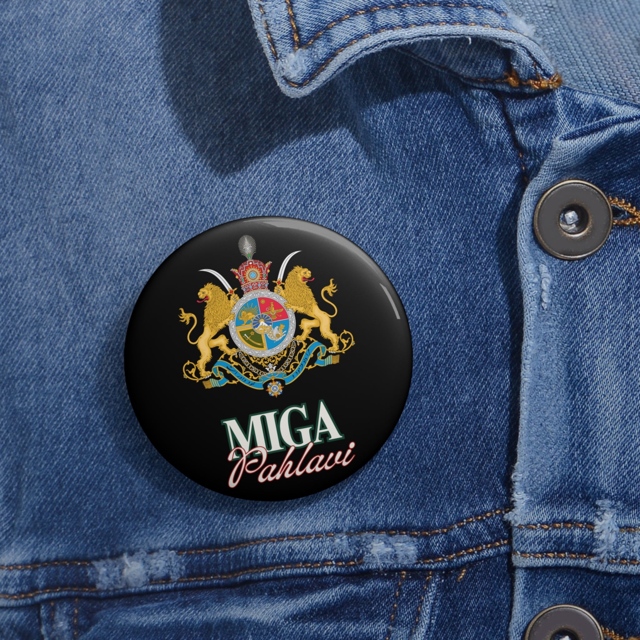 'MIGA Pahlavi' Crest Pin Button — Vintage Royal Emblem Jacket Badge