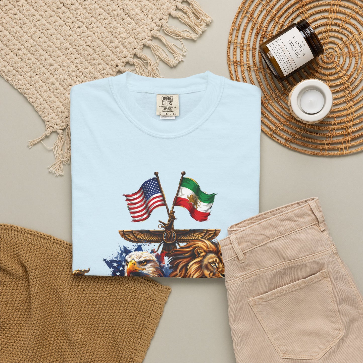 USA & Persia Collab T-Shirt - Cyrus the Great, Faravahar & Statue of Liberty Tee