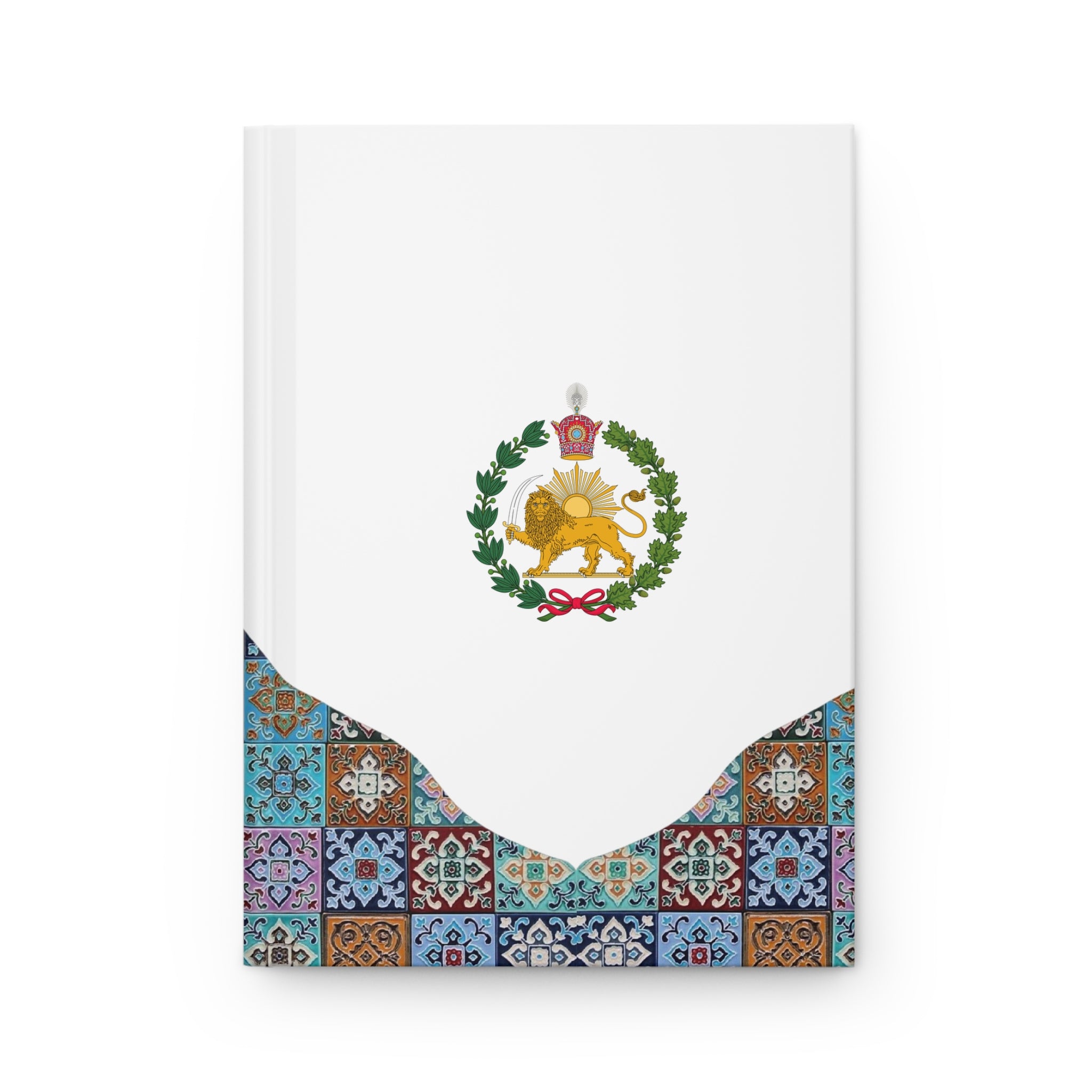 Iran Monarchy Crest with Lion & Sun Crest Hardcover Journal — Decorative Persian Tile Pattern Notebook