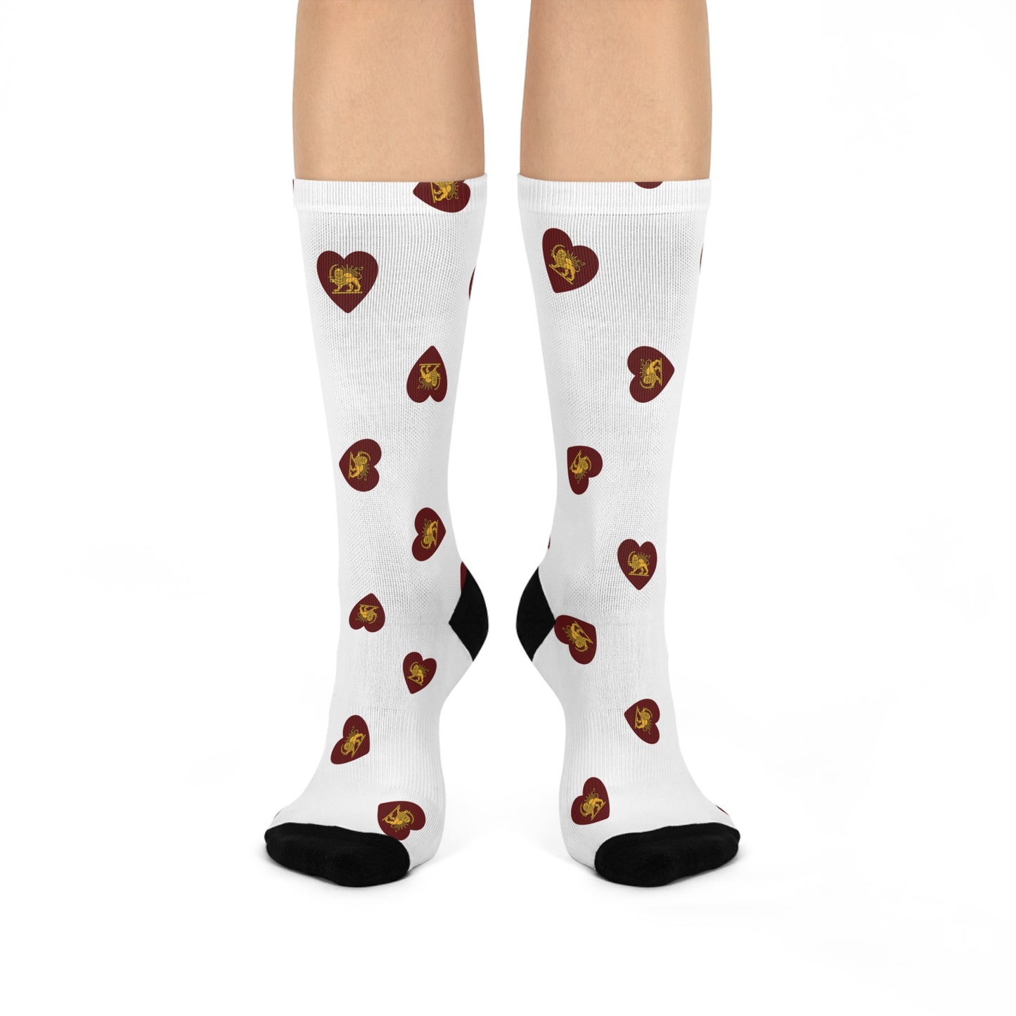 Heart Pattern Cushioned Crew Socks — Red Hearts with Golden Lion and Sun
