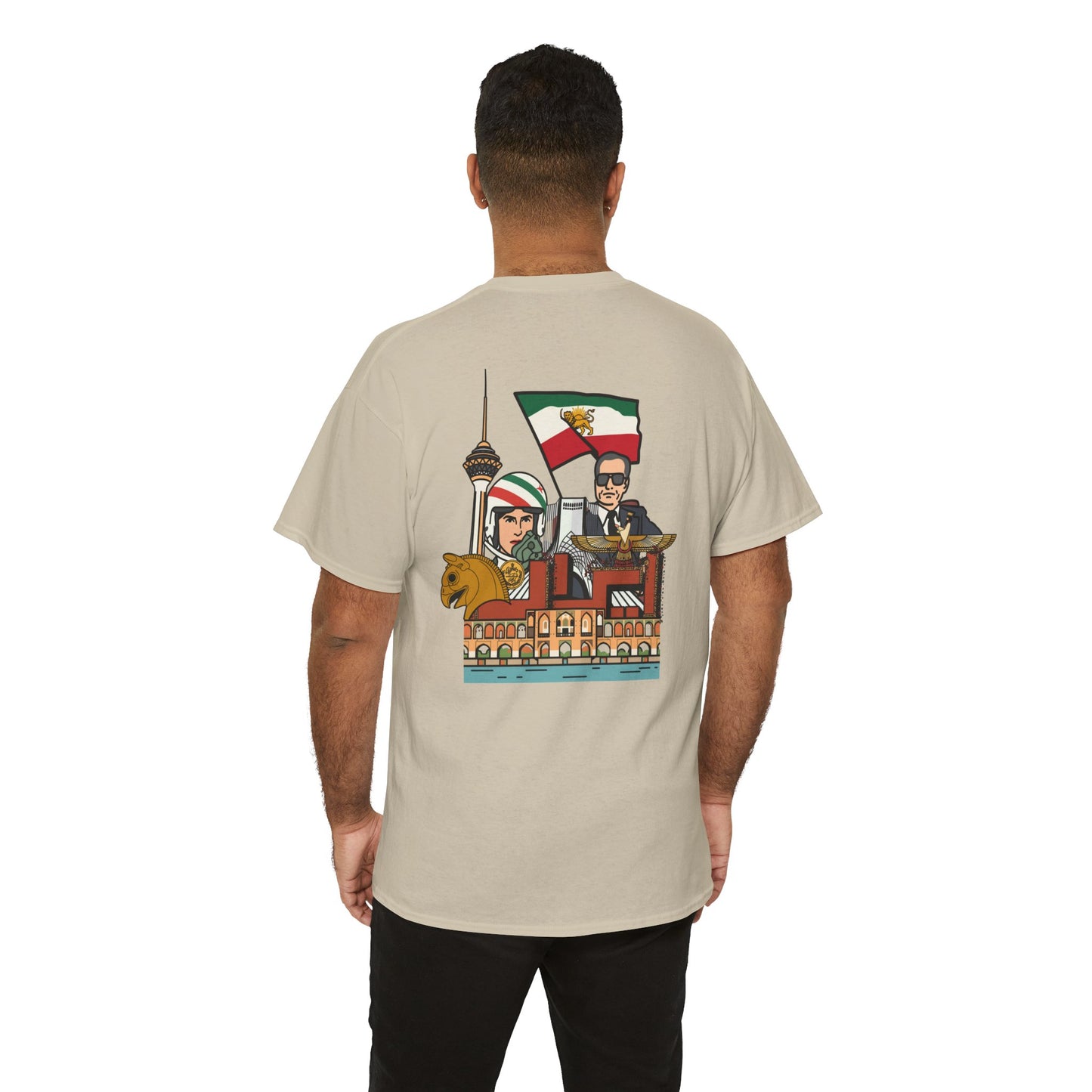 Iran Cute Chibi Style Collage Graphic Tee — Shah, Prince Reza Pahlavi & Iran Landmarks Travel T-Shirt