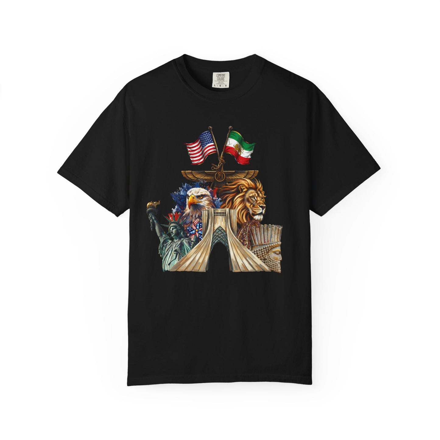 USA & Persia Collab T-Shirt - Cyrus the Great, Faravahar & Statue of Liberty Tee