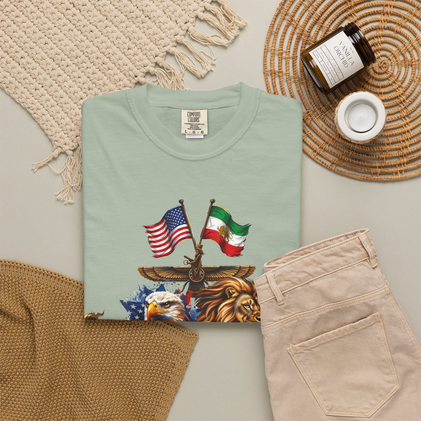 USA & Persia Collab T-Shirt - Cyrus the Great, Faravahar & Statue of Liberty Tee