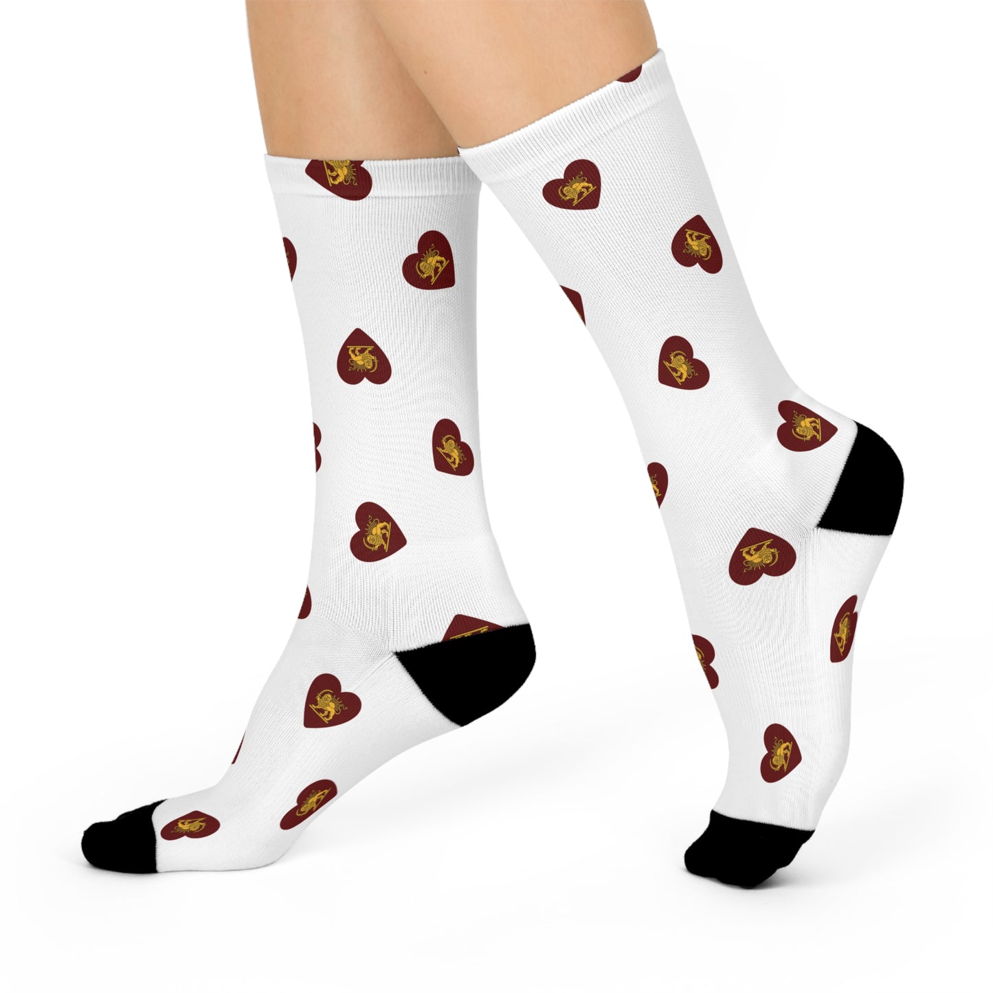 Heart Pattern Cushioned Crew Socks — Red Hearts with Golden Lion and Sun