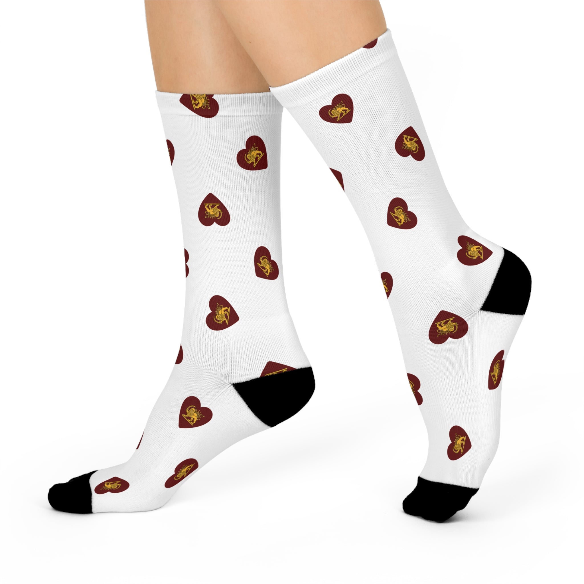 Heart Pattern Cushioned Crew Socks — Red Hearts with Golden Lion and Sun