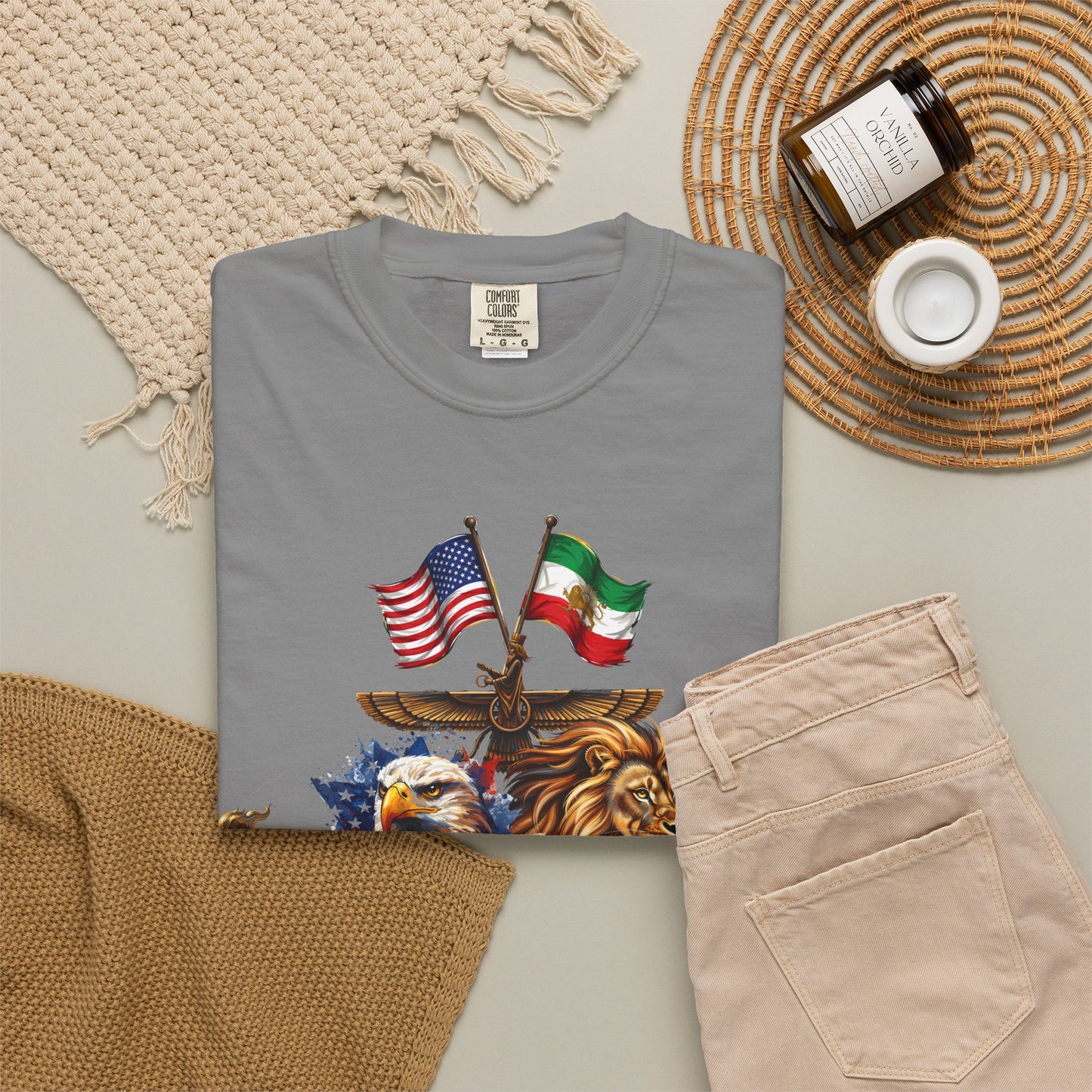 USA & Persia Collab T-Shirt - Cyrus the Great, Faravahar & Statue of Liberty Tee