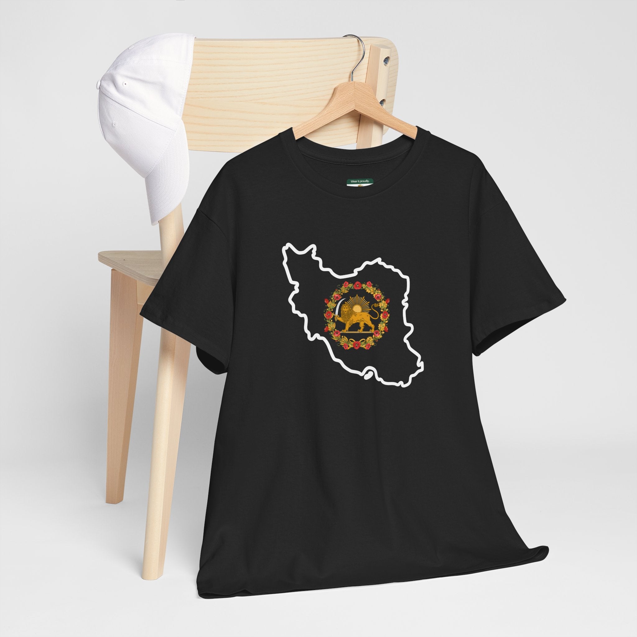 Iran Map T‑Shirt with Lion & Sun Monarchy Crest Floral Design