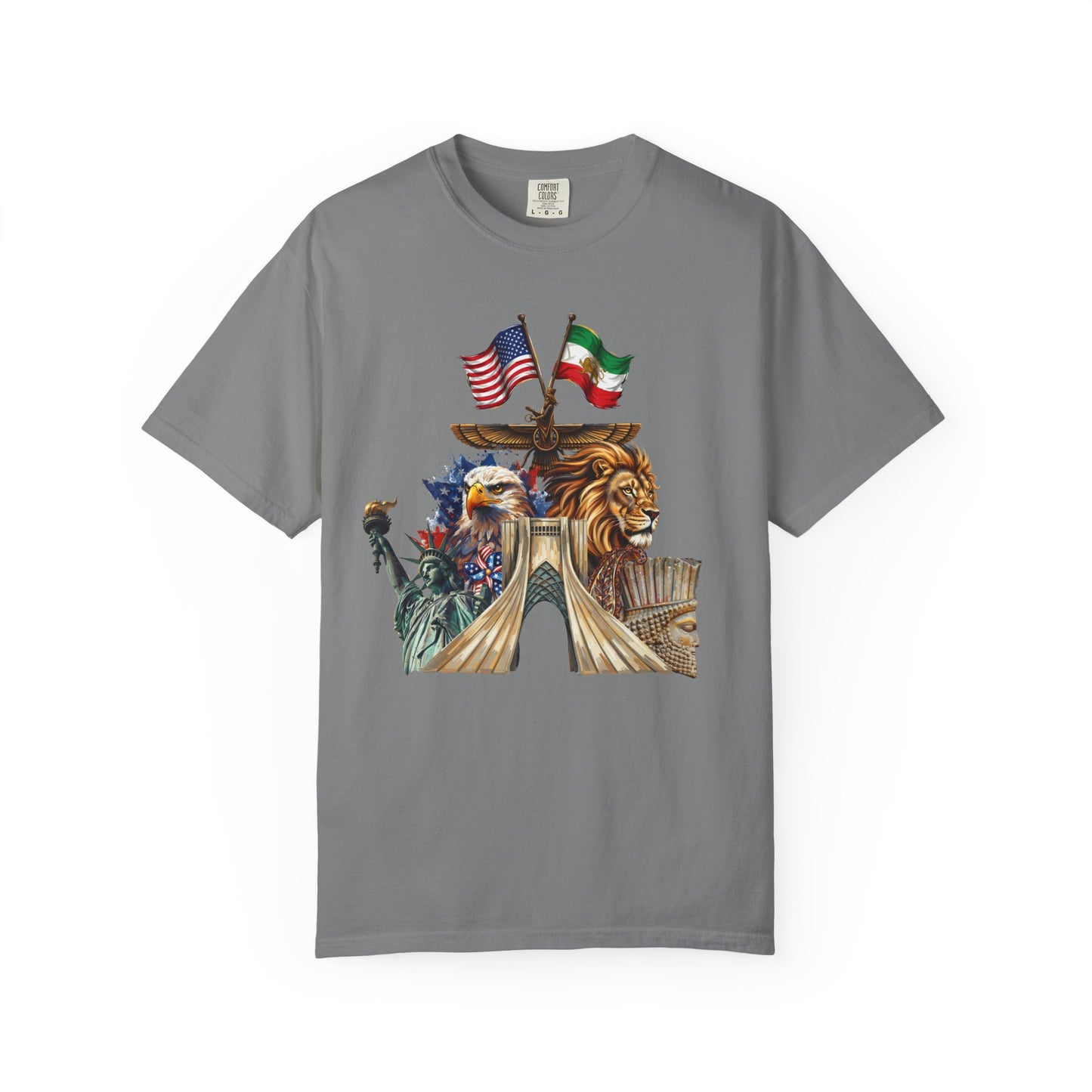 USA & Persia Collab T-Shirt - Cyrus the Great, Faravahar & Statue of Liberty Tee