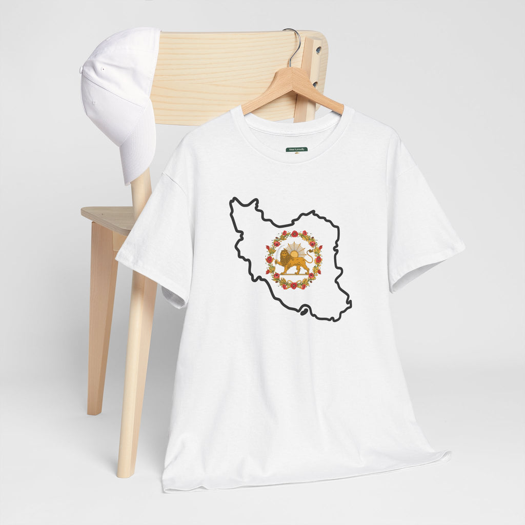 Iran Map T‑Shirt with Lion & Sun Monarchy Crest Floral Design