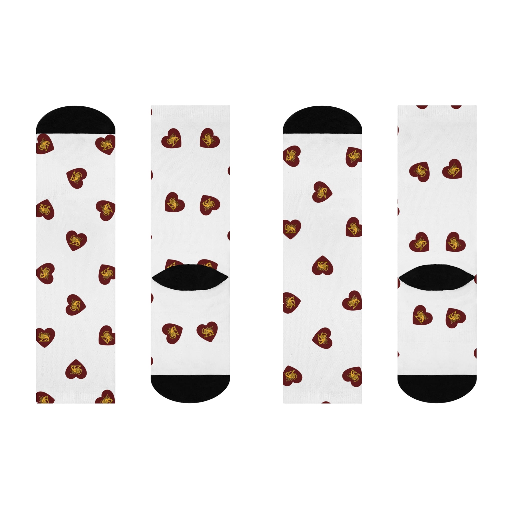 Heart Pattern Cushioned Crew Socks — Red Hearts with Golden Lion and Sun