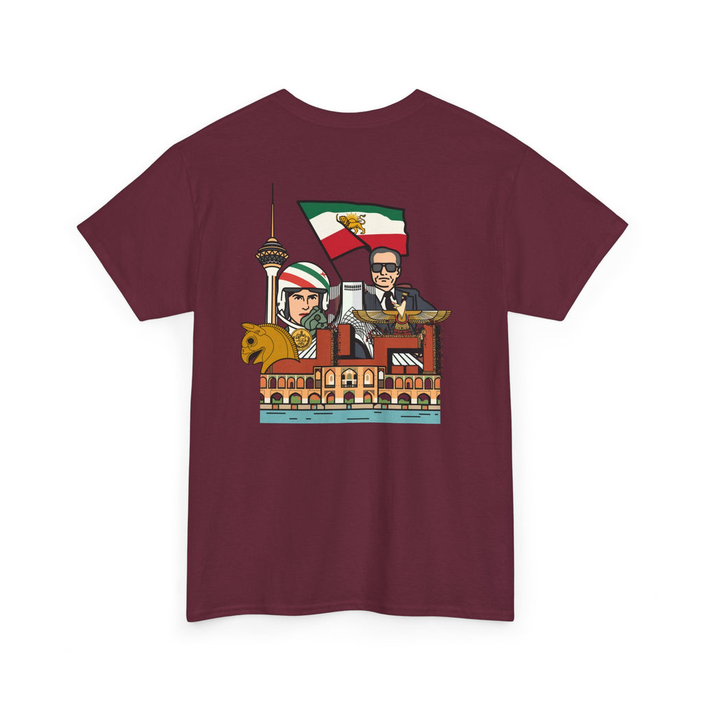 Iran Cute Chibi Style Collage Graphic Tee — Shah, Prince Reza Pahlavi & Iran Landmarks Travel T-Shirt