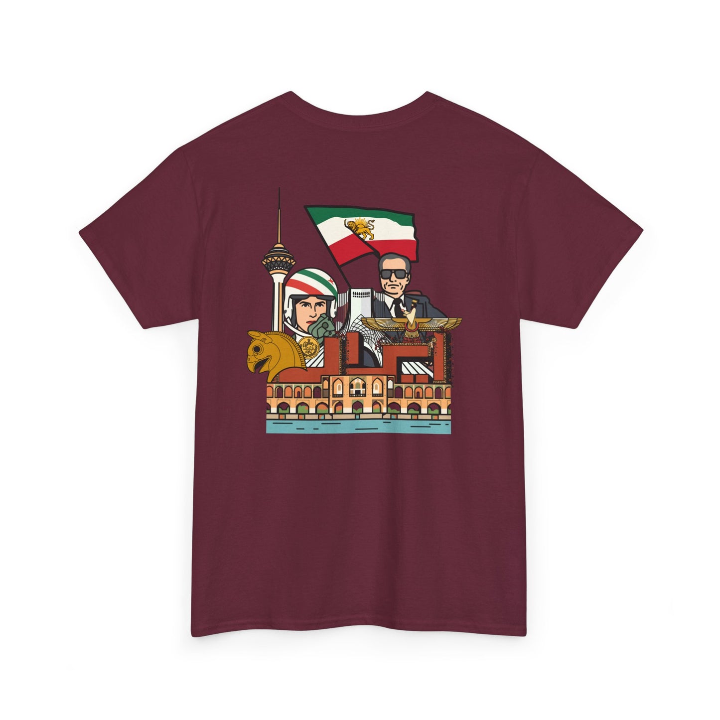 Iran Cute Chibi Style Collage Graphic Tee — Shah, Prince Reza Pahlavi & Iran Landmarks Travel T-Shirt