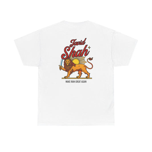 Pop Art "JAVIDSHAH" T-Shirt — Back "Javid Shah" with Lion & Sun, "MAKE IRAN GREAT AGAIN"
