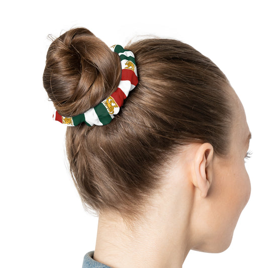 Iran Monarchy Flag Pattern Scrunchie — Green, White & Red with the Sun and Lion Patriotic Hair Tie