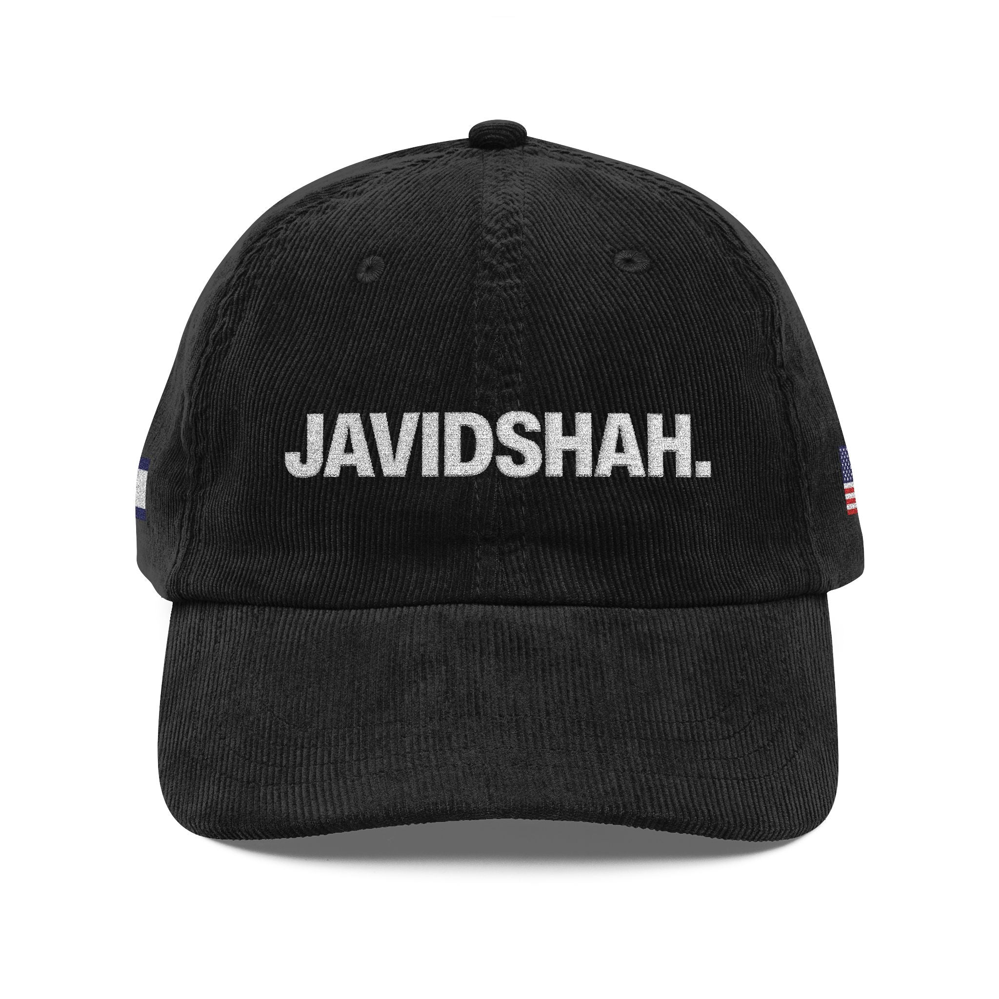 Vintage Corduroy Cap — Embroidered 'JAVIDSHAH.' Front with Retro Iranian Flag Patch