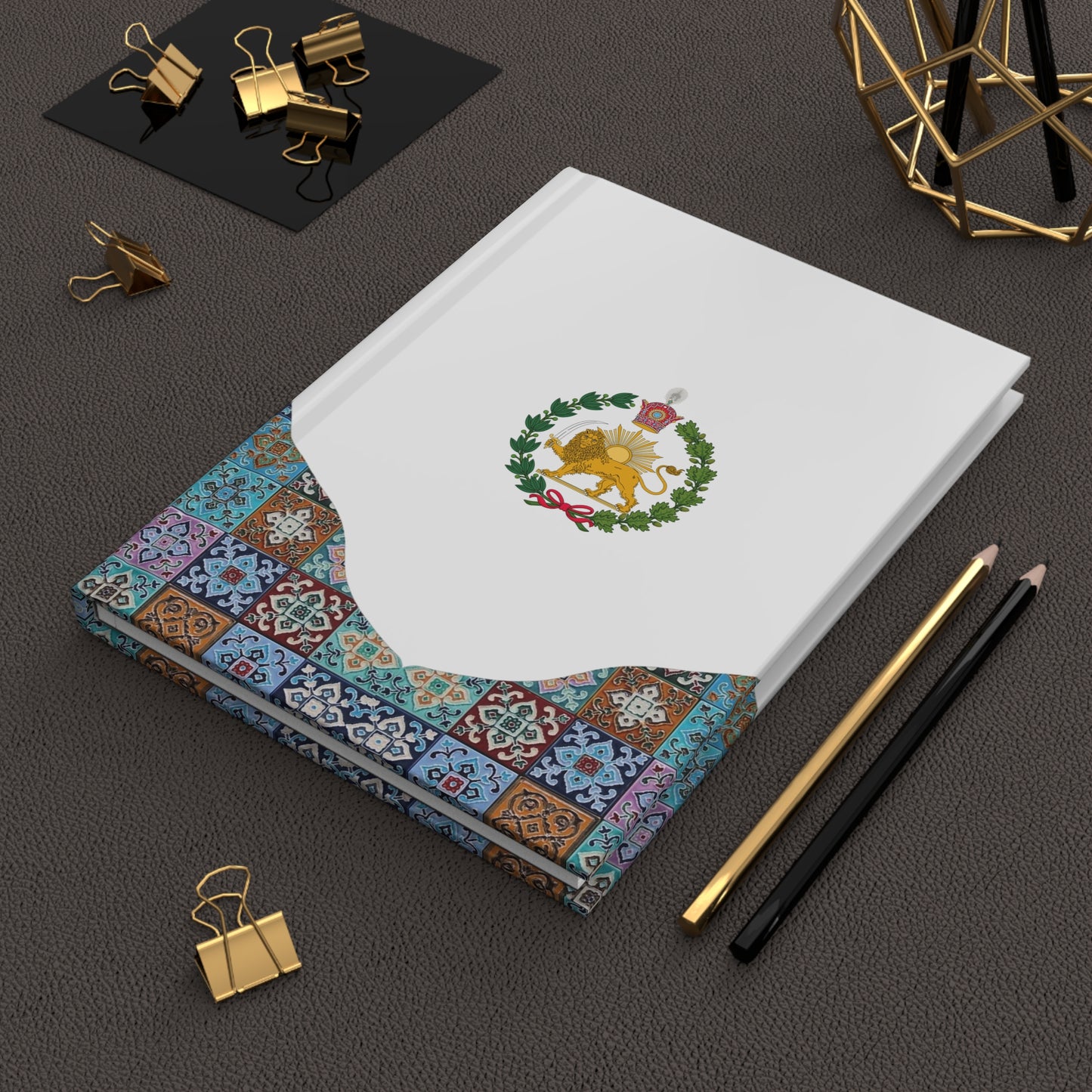 Iran Monarchy Crest with Lion & Sun Crest Hardcover Journal — Decorative Persian Tile Pattern Notebook