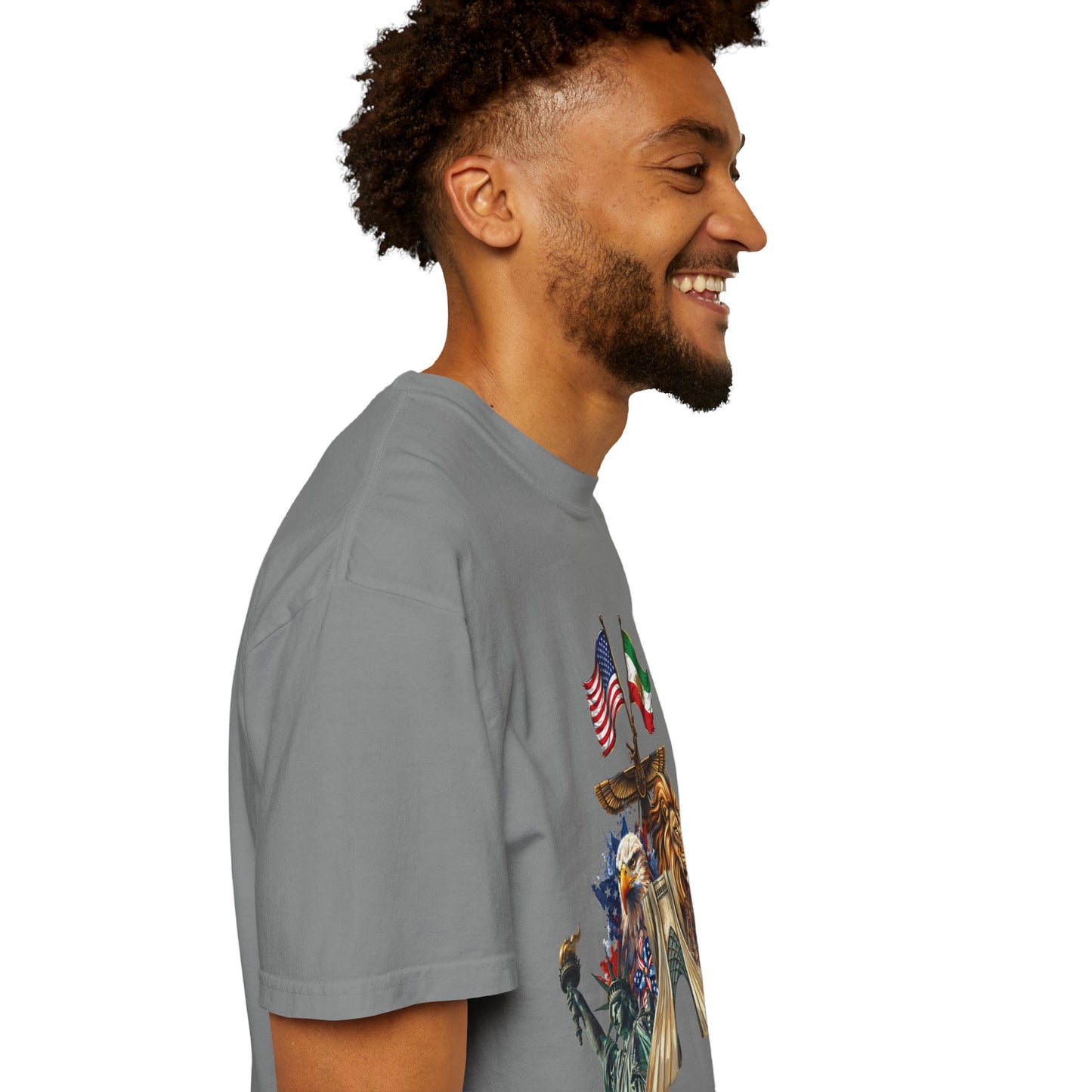 USA & Persia Collab T-Shirt - Cyrus the Great, Faravahar & Statue of Liberty Tee