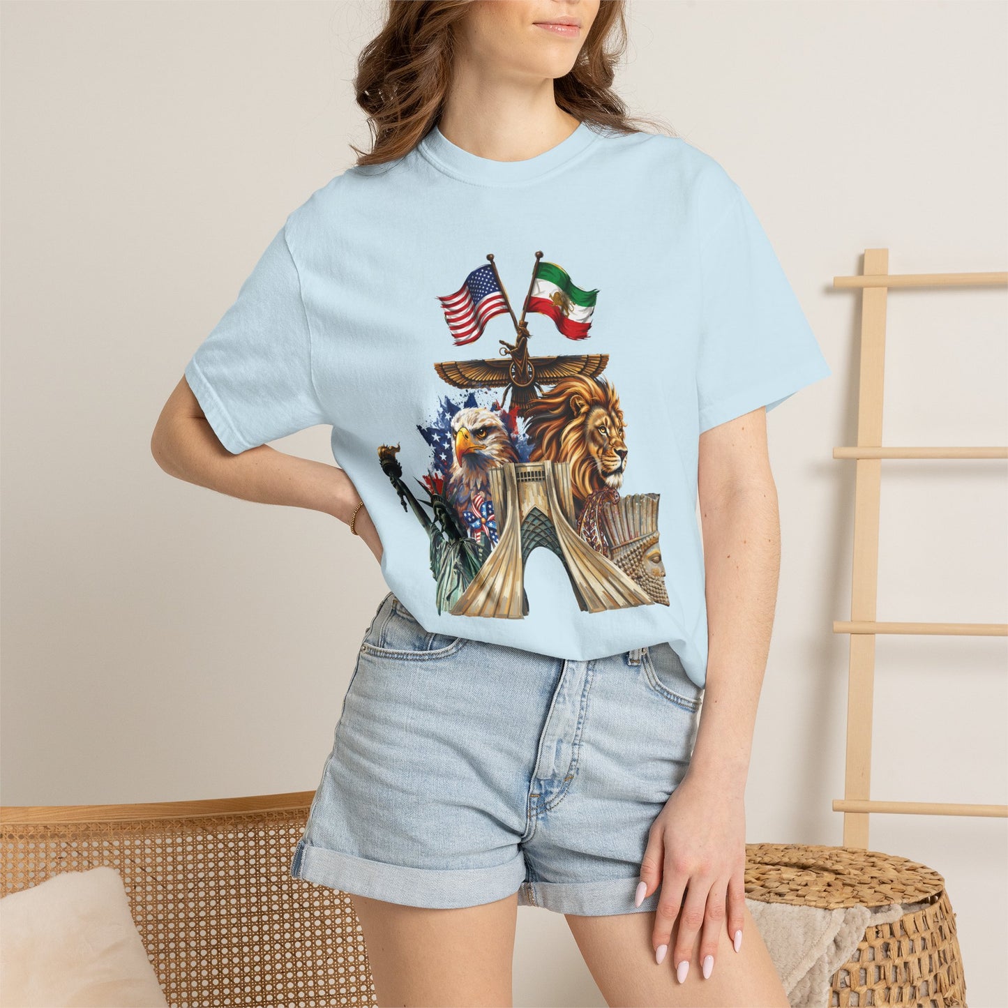USA & Persia Collab T-Shirt - Cyrus the Great, Faravahar & Statue of Liberty Tee
