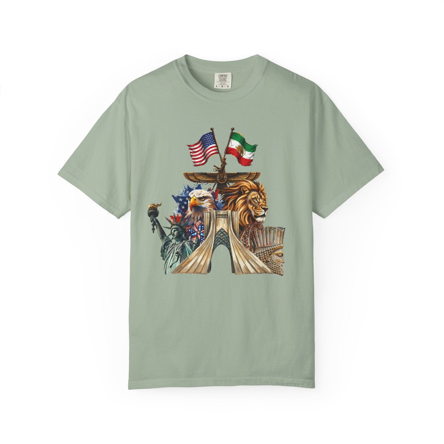 USA & Persia Collab T-Shirt - Cyrus the Great, Faravahar & Statue of Liberty Tee